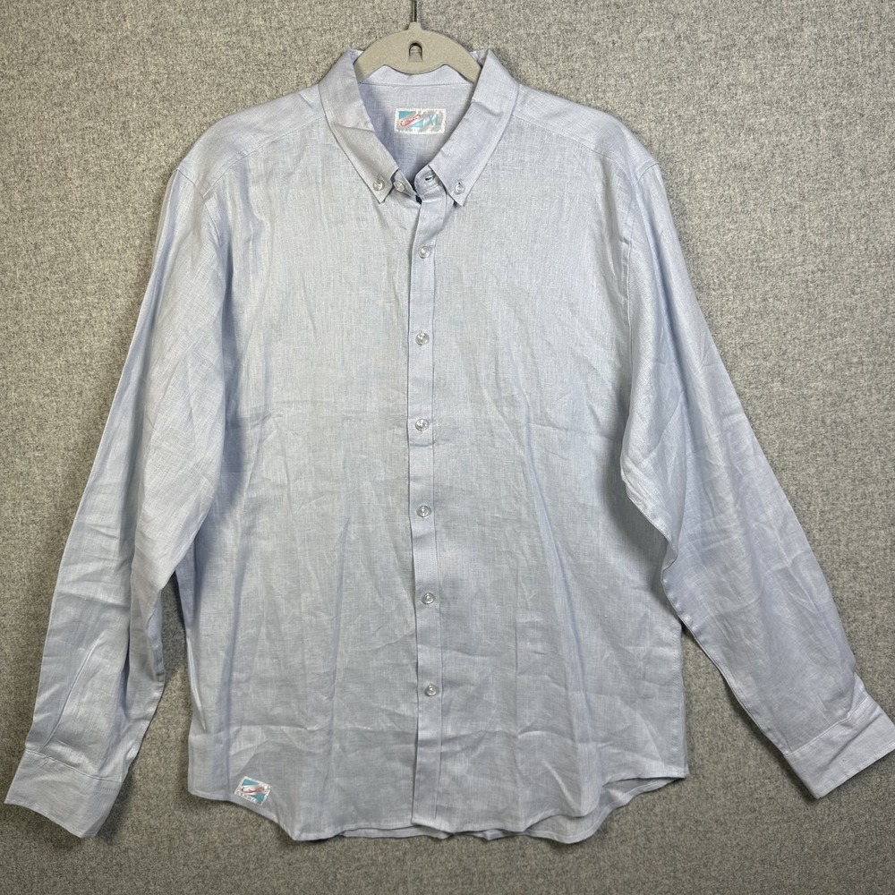 NWT Bermies Mens XL Linen Top Light‎ Blue Long Sleeve Button Collared READ